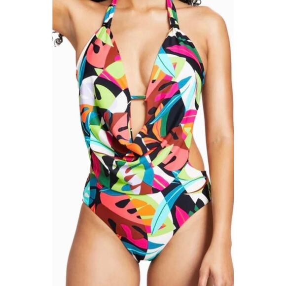 Bar III Tropical Dreams Plunge Cowl Neck One Piece Swim M NWT - Picture 1 of 5